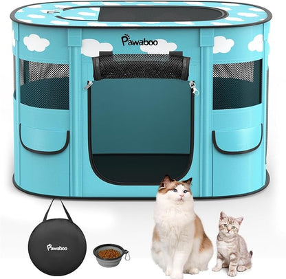 Dog Playpen, Portable Pet Cat PlayPen, 600D Oxford Dog Kennel Tent Crate, Waterproof&Breathable, Indoor Outdoor Travel Camping for Medium/Large Breed with Carrying Case+Bowl(M), Blue + White Clouds