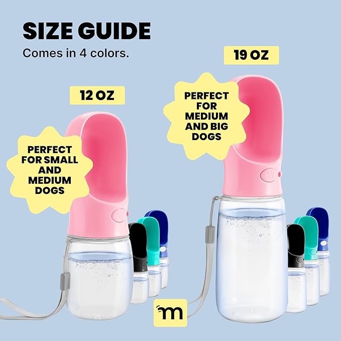 MalsiPree On the Go Dog Water Bottle Dispenser - 12 oz Pink - Leak-Proof Lock & One-Hand Operation - Dog Water Bowl - Pet Travel Bottle with Built-in Bowl, Travel Ready BPA-Free Pet Supplies