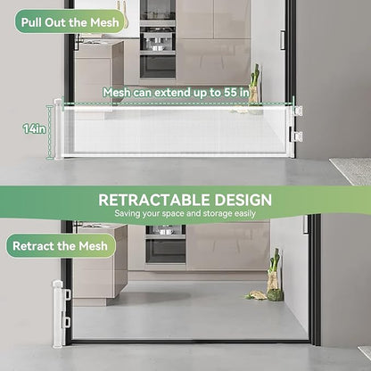 14" Tall Short Dog Gate to Step Over, Retractable Mesh Pet Door for Small Puppy, Extended up to 55" Wide for Indoor Stairs Doorways and Hallway(White)