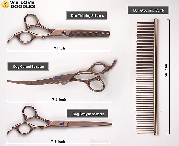 Dog Grooming Scissors Kit - Best Tools for Goldendoodles & Poodles - Straight, Curved & Thinning Shears - Professional Grade Stainless Steel, 4 Pc Set [We Love Doodles]