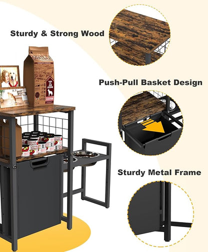 30.6Long x 26.2 High Elevated Dog Bowl Stand with Pet Food Storage Organizer, Adjustable Raised Feeding Station with Toy Basket for Large Medium Small Dogs and Cats, Black