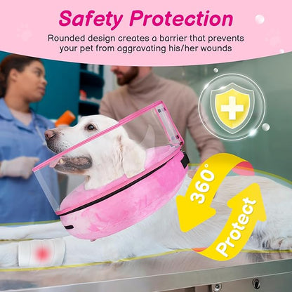 BARKLESS Inflatable Dog Cone, Protective Dog Surgery Collar to Stop Licking Biting Wounds, Patented Soft Donut Cone with Clear Shield, Adjustable Blow-up Collar for Surgery (Pink, M (Neck: 8"-11"))