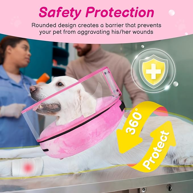 BARKLESS Inflatable Dog Cone, Protective Dog Surgery Collar to Stop Licking Biting Wounds, Patented Soft Donut Cone with Clear Shield, Adjustable Blow-up Collar for Surgery (Pink, XL (Neck: 18"-23"))