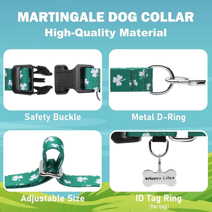 St.Patrick's Day Martingale Collar for Dogs with Buckle Adjustable Shamrock Spring Holiday Dog Collar (Clover, Large)