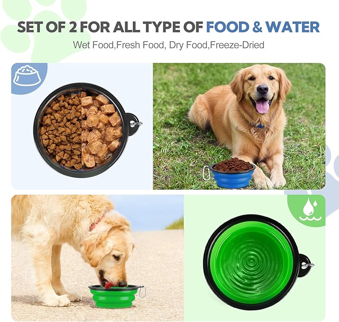 Collapsible Dog Bowl Large 2 Pack, Dog Water Bowls for Travels, Portable Foldable Pet Bowls Feeding Watering Dish for Parking Walking Camping with 2 Carabiners Clip (34oz, Large, Blue+Green