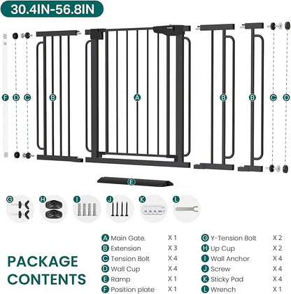 Cumbor 30.4-56.8" Extra Wide Baby Gate for Stairs, Dual Lock & Self-Closing Dog Gate Indoor, Easy Install Pet Gate for Doorways & Wide Openings, Easy Walk Thru Safety Proofing for Babies & Pets, Black