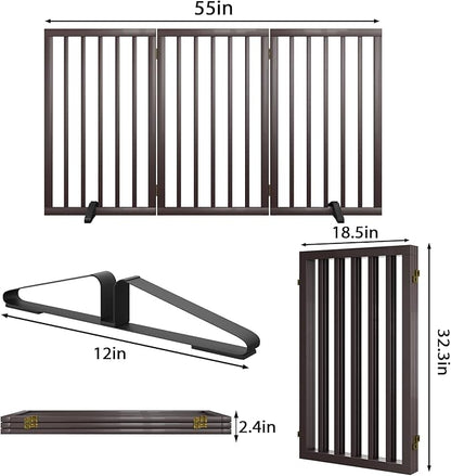 Dog Gate for Doorways 32" Tall Freestanding Dog Gate for Stair Foldable Pet Gate for Dogs Indoor (Brown,3 Panel)