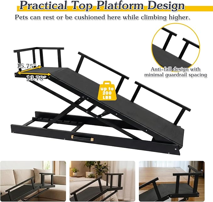 6 Level Height Adjustable Dog Ramp for Bed, Couch 65" Foldable Pet Ramp with Non-Slip Mat，DIY Glow Strips & Rest Platform Heavy Duty Dog Stairs for Large Dogs up to 200Lbs ，Black