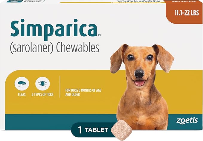 Simparica (sarolaner) Chewables for Dogs, 20 mg/tab, 11.1-22 lbs (Caramel), 1 Tablet