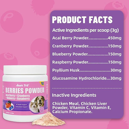 Just Try Berries Powder Dog Cranberry Supplement Urinary Tract for Dogs UTI Cat UTI Remedy Cat Supplements - 7 OZ