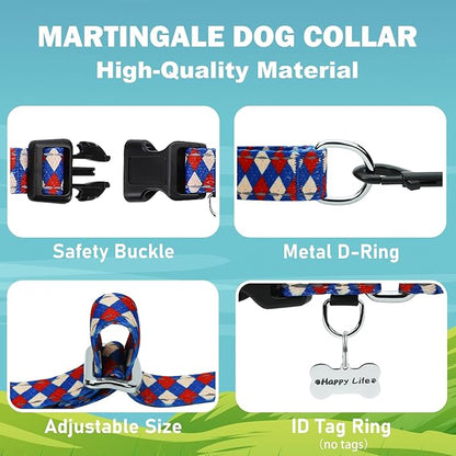 Reflective Martingale Dog Collar with Buckle Soft Nylon Geometric Patterns Pet Collars for Medium Dogs (Argyle, M)