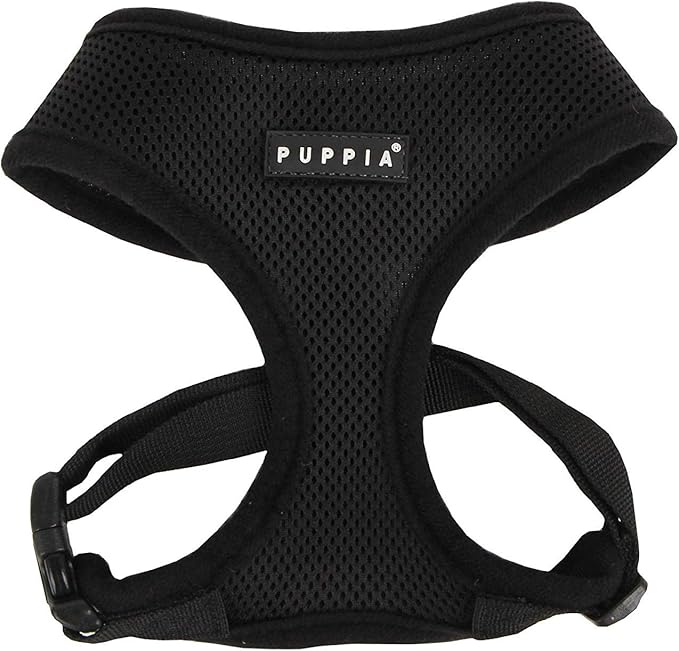 Puppia Soft Dog Harness No Choke Over-The-Head Triple Layered Breathable Mesh Adjustable Chest Belt and Quick-Release Buckle, Black, Small