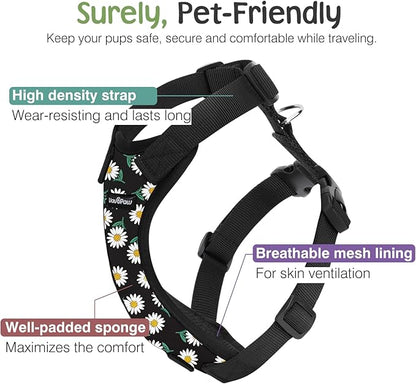 VavoPaw Dog Seat Belt, Safety Vest Dog Car Harness with Adjustable Buckle Dog Seat Belt for Vehicle Nylon Pet Safety Seat Belts Heavy Duty(L, Black Daisy)