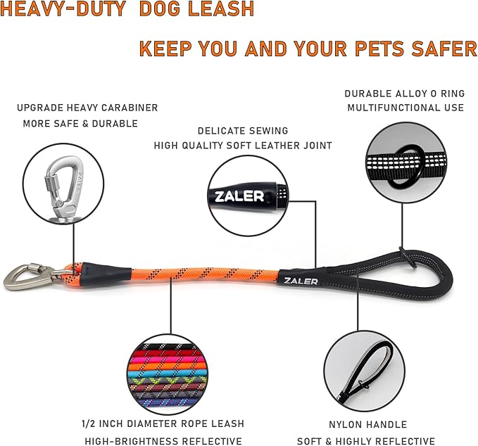 ZALER Short Dog Leash, 26 Inches Rope Traffic Leashes for Dogs, Reflective Dog Lead with O-Ring, Heavy Duty Pet Leash for Large and Medium Dogs (26'' Orange)