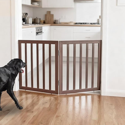 ZJSF Freestanding Indoor Dog Gate for House Foldable Wood Brown Puppy Gate for Doorways Pet Gate for Stairs Extra Wide Pet Fence 24" Height 2 Panels