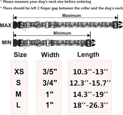 Reflective Martingale Dog Collar with Buckle Soft Nylon Floral No Slip Dog Collars for Puppy Dogs (Black Orange Flowers, XS)
