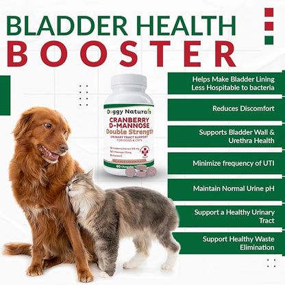 Cranberry D-Mannose for Dogs and Cats Urinary Tract Infection Support Prevents and Eliminates UTI, Bladder Infection Kidney Support, Antioxidant (Double Strength Tablet, 60 Count)