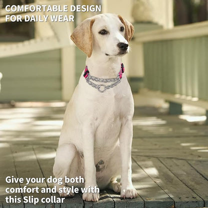 Martingale Dog Collar with Stainless Steel Chain - Limited Chain Cinch Training Collar for No Pull Training Dog - Flower Multicolor Cute Patterns - Premium No Slip Collar (HA12NO6, L)