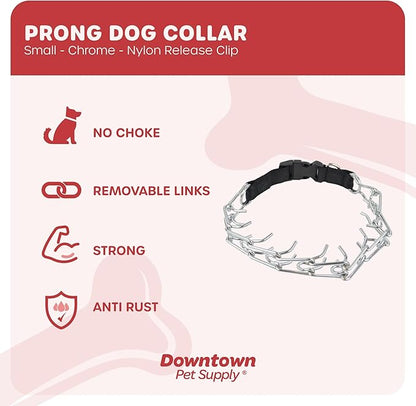 Downtown Pet Supply Chrome Plated/Nylon Prong Collar for Dogs, Small - Adjustable, No-Choke and No Pull Dog Collar with Removable Links - Pinch Collar for Dogs Under 20 lbs and 14" Neck Width