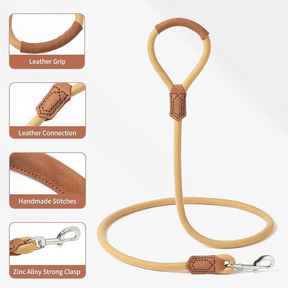 Mile High Life | Premium Leather Handle Dog Leash | Strong Rope Leash | Zinc Alloy Strong Clasp | Small Medium Large Dogs | 4/5/6 Feet(Yellow, 60 Inch (Pack of 1))