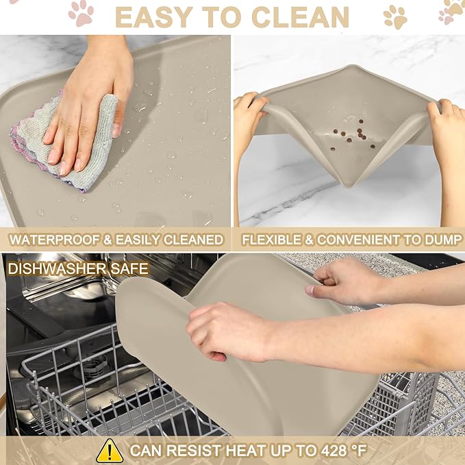 Smilool Silicone Pet Food Mat with Raised Edge for Food and Water Bowl, Dog Feeding Mats, Cat Food Trays for Floor Waterproof, Rubber Tray for Dogs and Cats, 19 x 12 x 0.7 Beige