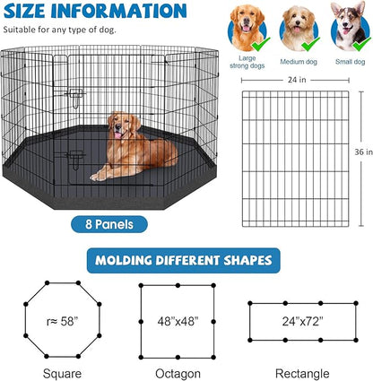 Peekaboo Dog Pen Pet Playpen Dog Fence Indoor Foldable Metal Wire Exercise Puppy Play Yard Pet Enclosure Indoor Outdoor 8 Panels 36 Inch with Bottom Pad/Top Cover(Black 36 Bottom Cover)