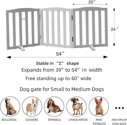 Freestanding Dog Gate Indoor,Doggie Gate Foldable Dog Gates for Doorways,Stairs or Hallways, Wooden White Pet Gate for The House, Pet Fence with Support Feet Included,24 "Height-3 Panels