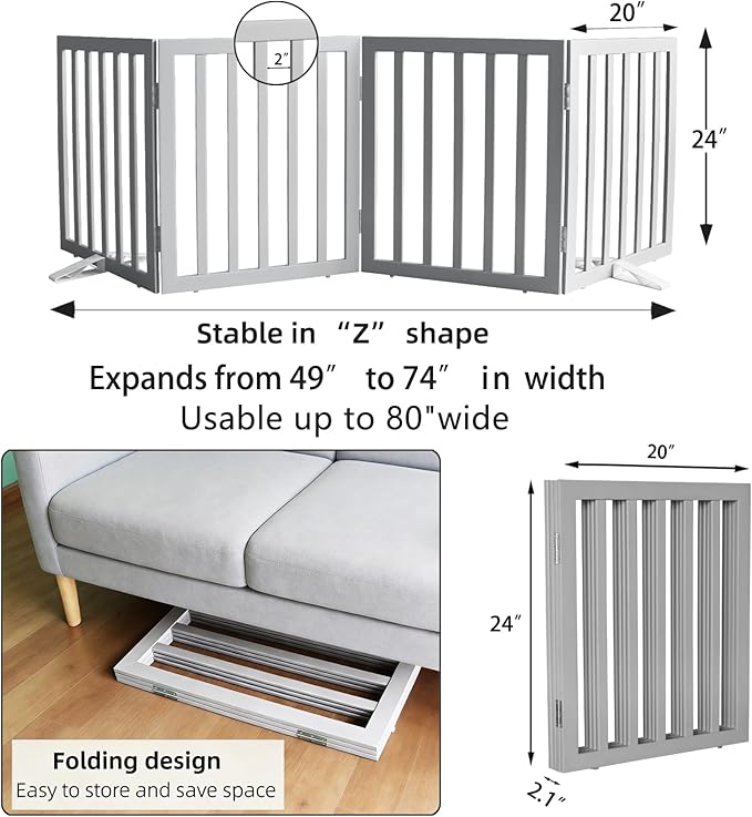 ZJSF Freestanding Indoor Dog Gate for House Foldable Wood Puppy Gate for Doorways Pet Gate for Stairs Extra Wide Pet Fence, Grey, 24" Height 4 Panels
