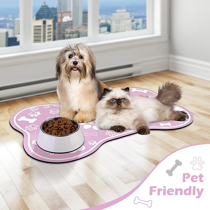 Dog Cat Mat for Food and Water,Rapid Absorbent Pet Feeding Mat, Bone Shaped Dog Placemat Bowl Mat with Rubber Backing,No Stains Pet Food Mats Indoor, Pet Accessories Supplies,Pink 23"×36"