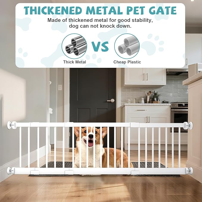 Metal Dog Gate for Small Dogs, 17"- 44" Adjustable Extra Wide Gate to Step Over, 10'' Tall Short Dog Pet Gate with 4 Extension Kits, Pressure Mounted Indoor Outdoor Pet Gate for Doorways & Stairs