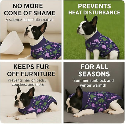 PetWarm Surgery Recovery Suit Female Spay, Onesies for Dogs, Dog Cone Alternative After Surgery Substitute E-Collar and Cone Prevent Dog Onesies Pet Recovery Suit, Dinosaur Pattern, Blue Purple, XS
