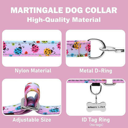 Reflective Martingale Collar for Dogs Nylon Training Collar with No Buckle, No Pull Adjustable Dog Collar for Medium Dogs（Gradient Ladybug，M）