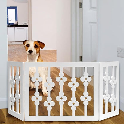 Etna White Floral Wooden Pet Gate - Freestanding Foldable Adjustable 3-Section Dog Gate. Extra Wide, Keeps Pets Safe Indoors/Outdoors - Fully Assembled