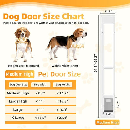 Dog Door for Sliding Glass Door with Magnetic Flat, Installed on Either Left or Right Side，Sliding Door Pet Doggie Door Insert with Lock, Adjustable Height No-Cut Required Doggy Door