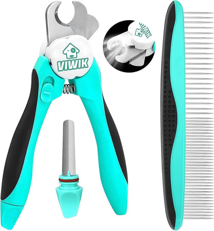 VIWIK 2 in 1 Dog Nail Trimmers with LED Light for Bloodline, Dog Comb, Dog Nail Clippers with Quick Sensor & Safety Guard to Avoid Overcutting, Cat Puppy Claw Clipper for Grooming with Nail File Blue