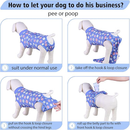 PetWarm Dog Surgical Recovery Suit Male, Dog Bodysuit for Sensitive Skin Areas, Surgical Suit for Dogs Abdominal Affected Areas Bandages, Substitute E-Collar and Cone, Flower Pattern, Blue, XS