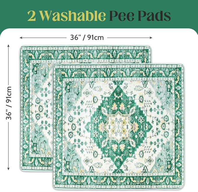 Washable Pee Pads for Dogs 2 Pack Reusable Puppy Training Pads 36"x36" Super Absorbent Waterproof Dog Training Pads, Non-Slip Potty Pads Whelping Pads Litter Mat Pet Supplies - Green Medallion