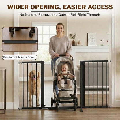 Mumeasy 29.7-57" Extra Wide Baby Gate, Auto Close Large Dog Gate for Doorways, No Drilling Pressure Mounted Pet Safety Gate for Stairs, Easy Walk Through Child Gate for Hallways, House, Indoor, Black