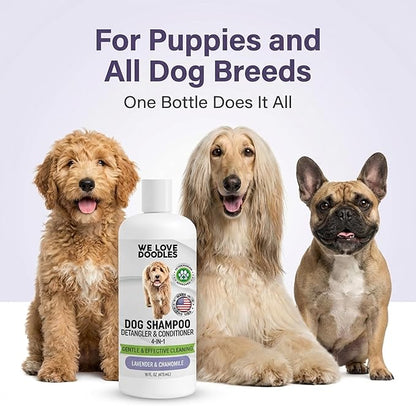 Dog Shampoo, Conditioner & Detangler - Best Shampoo for Goldendoodles, Poodles & Doodles Pet Hair - Hypoallergenic, Tearless, Sensitive Skin for Puppies & All Dog Breeds - Made in USA, 16OZ (Lavender)