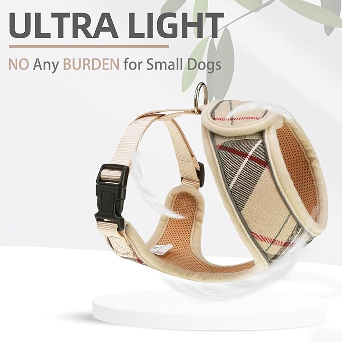 PUPTECK Soft Mesh Dog Harness Small Sized and Leash Set Pet Puppy Cat Comfort Padded Vest No Pull Harnesses, Beige Plaid, Openable Neck, New XS