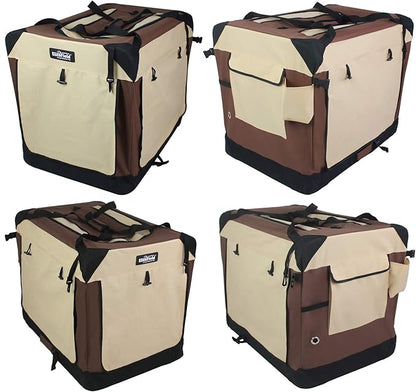 EliteField 4-Door Folding Soft Dog Crate with Curtains, Carrying Bag and Fleece Bed (2 Year Warranty), Indoor & Outdoor Pet Home (24" L x 18" W x 21" H, Brown+Beige)
