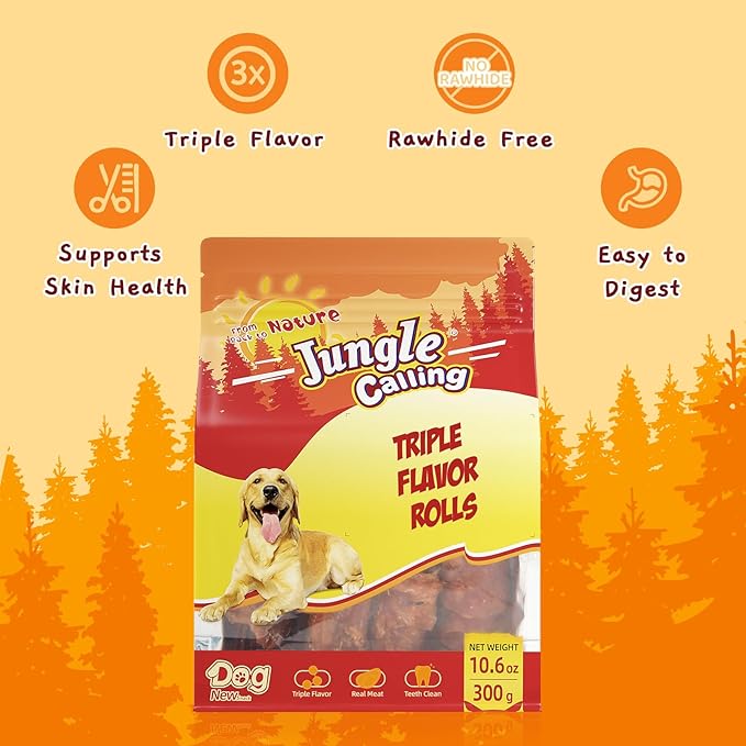 Jungle Calling Triple Flavor Rolls Dog Treats, Made with Real Chicken Duck Beef Meat, Rawhide Free Dogs Snacks,Healthy, Easily Digestible, and High Protein Treat, 10.6 oz