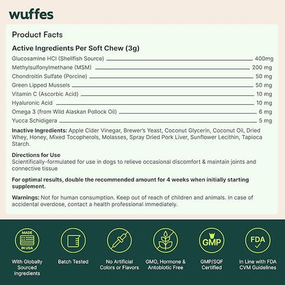 Wuffes Advanced Dog Hip and Joint Supplement with Glucosamine, Chondroitin, Omega 3, MSM, and Green Lipped Mussel, (Pack of 2, Small & Large Breed)