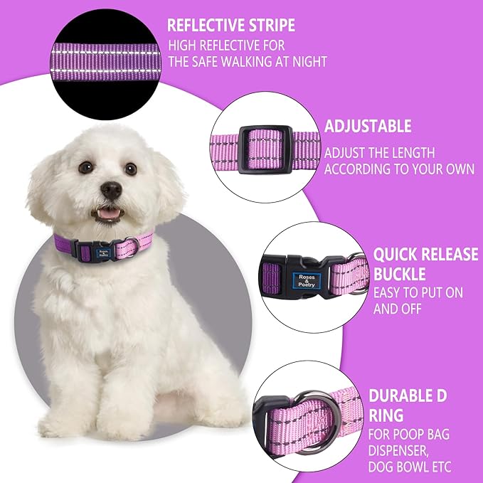Roses&Poetry Small Dog Collar and Leash Set, Puppy Reflective Leashes with Collars, Adjustable Durable Matching Collar Leash for Small Dogs Girl (Lightpurple-S)