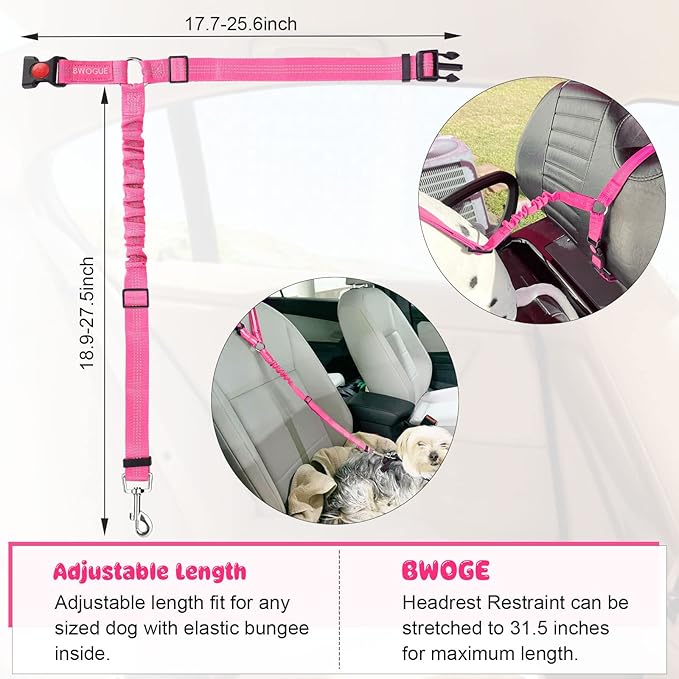 BWOGUE Pet Dog Cat Seat Belts, Car Headrest Restraint Adjustable Safety Leads Vehicle Seatbelt Harness (1 Pack, Pink, Elastic)