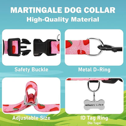 Martingale Collar for Dogs with Buckle Adjustable Nylon Slip No Pull Training Dog Collars (Pink Strawberry, Large)