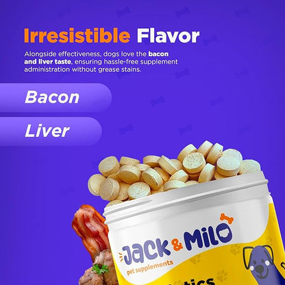 Jack & Milo - Probiotics for Dogs, Digestive Enzymes, Allergy & Immune Support Probiotic-Dog Probiotics, Veterinary Grade, 7.5 Billion CFU's +Pancreatic 4X, Unique Blend- USA Made, 120 Tablets