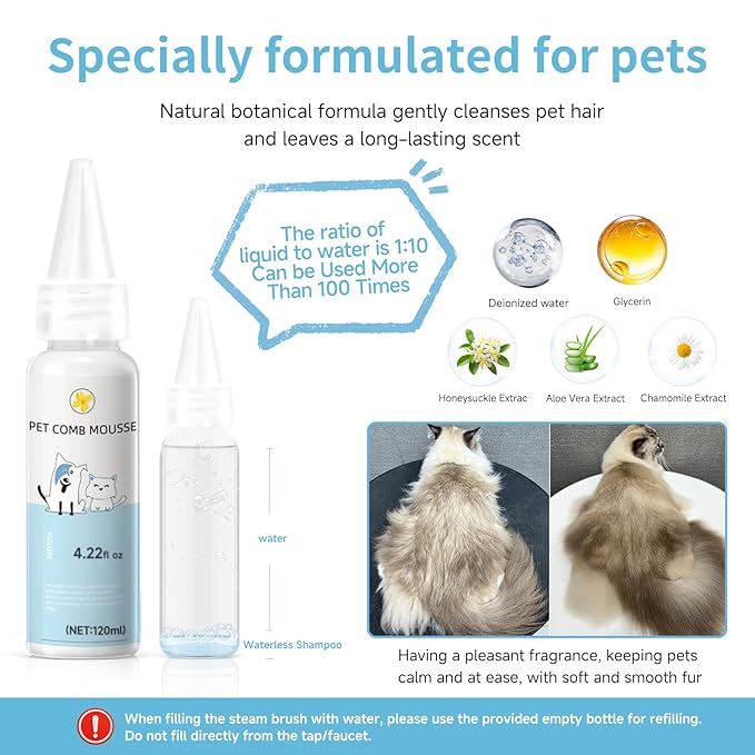 Pet Steam Brush for Dog & Cat – 3-in-1 Spray Hair Removal Comb – Steam for Shedding & Grooming – Water Brush for Long & Short Haired Pets – Spritz Defur Comb – Includes Waterless Shampoo and Eye Wipes