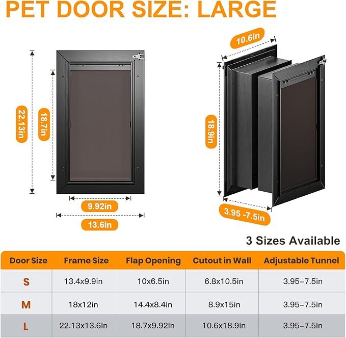 Dog Door for Wall, All Aluminum Large Doggy Door Doggie door, Pet Door Easy to Install, 2 Magnetic Flaps Energy Efficient, Wide Telescoping Tunnel for Interior & Exterior Walls, Pet Up to 110 Lb-Black