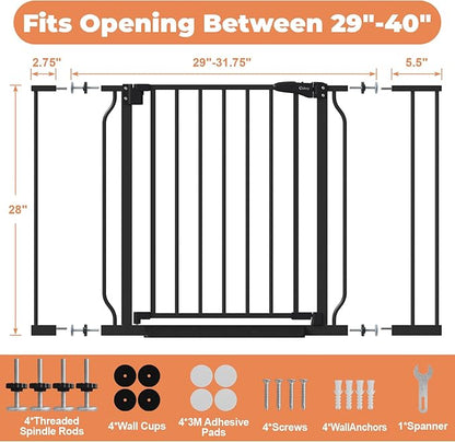 29"-40" Baby Gate for Stairs, Auto Close Stroller Friendly Dog Gate Indoor for Doorways, Pressure Mounted Baby Gate, Easy Walk Through Gate for Children & Pets, Black